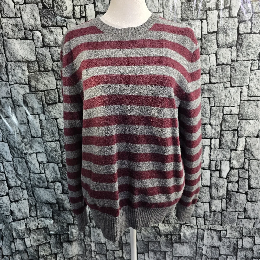 Striped Maroon and Gray Men's J.Crew Lambs Wool Sweater. Size Medium